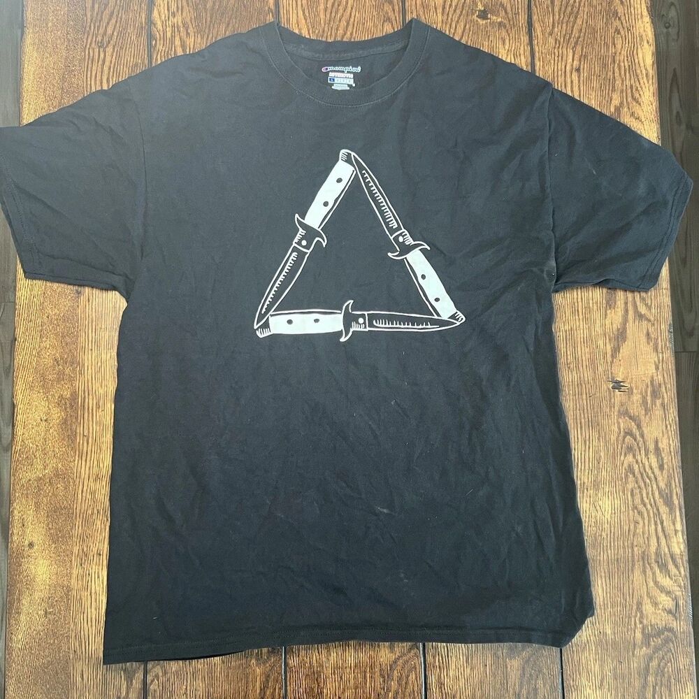 Vintage 90s Champion Switchblade Shirt L Made In USA Distressed Fader Paint Y2K
